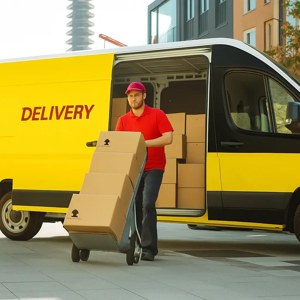 courier in red uniform unloading boxes from yellow delivery van